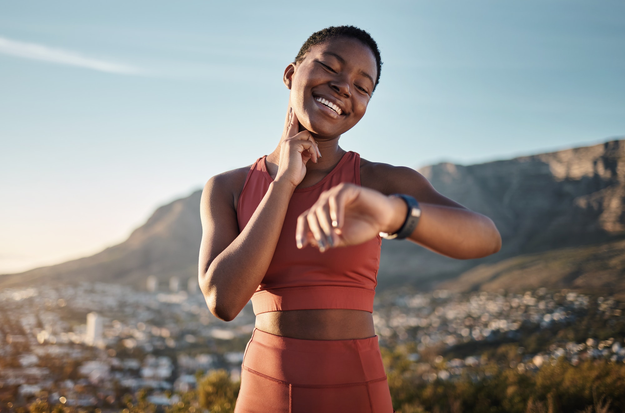 Black woman, fitness or smart watch for pulse check in nature workout, training or sunset exercise